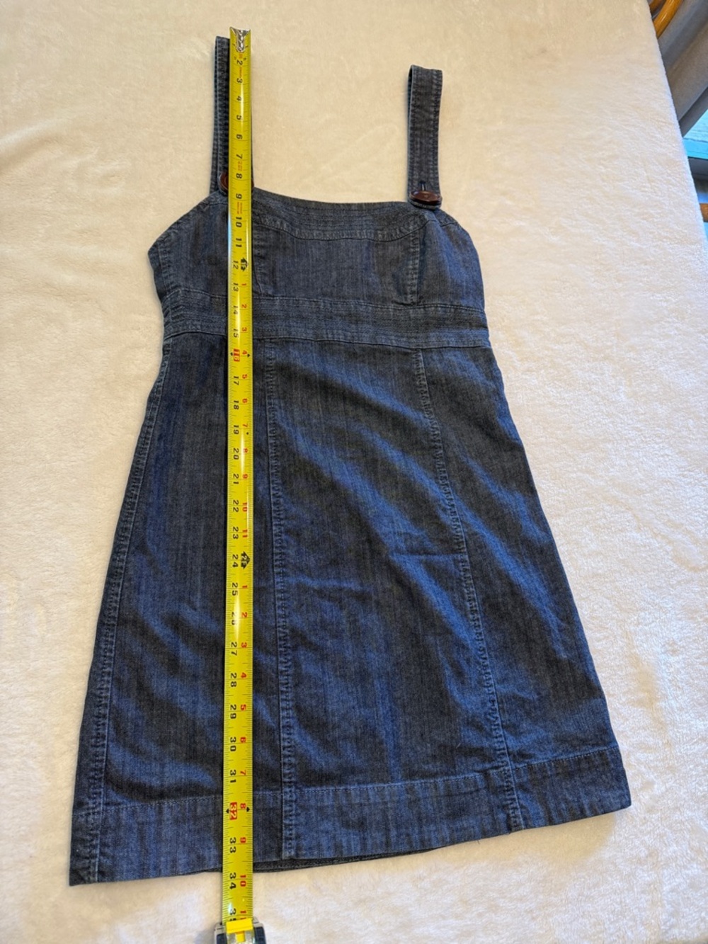 American Rag Dark Denim Mini Pinafore Dress with dark brown buttons & side zip - Picture 3 of 6